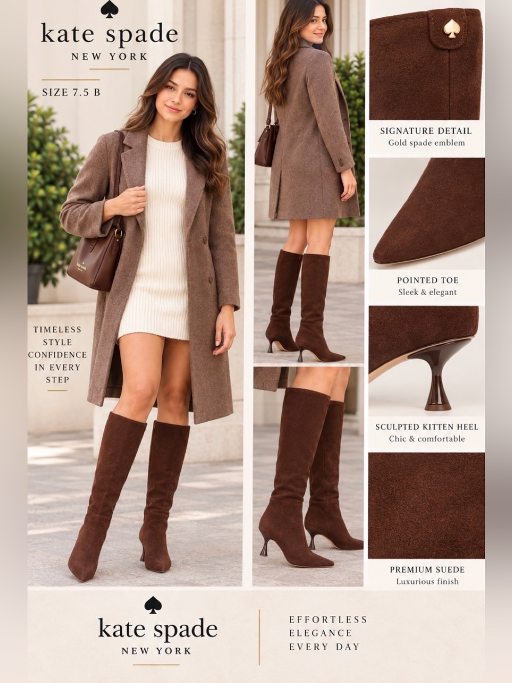 kate spade Brown Suede Knee-High Boots with Sculpted Kitten Heel